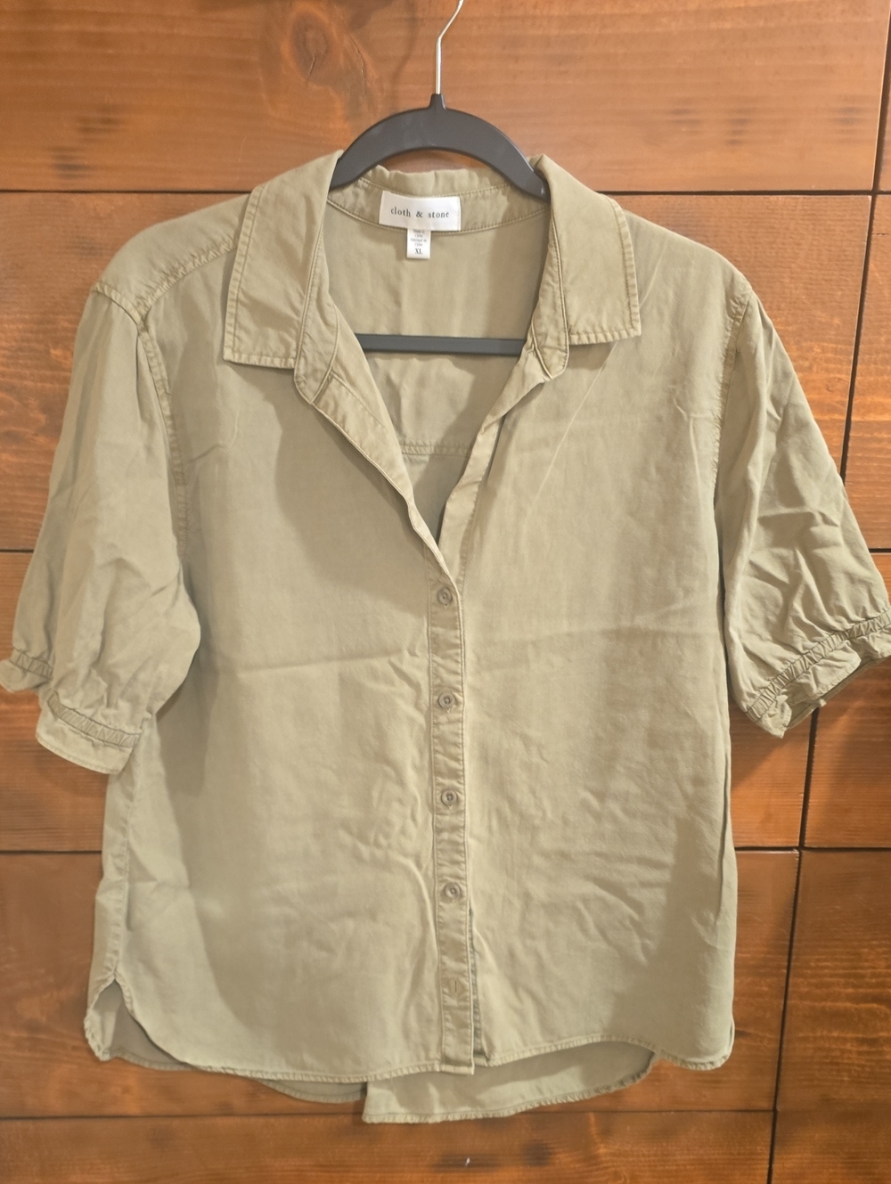 Cloth & Stone Button Front Blouse Size XL Olive/Army Green Utility Puff tencel